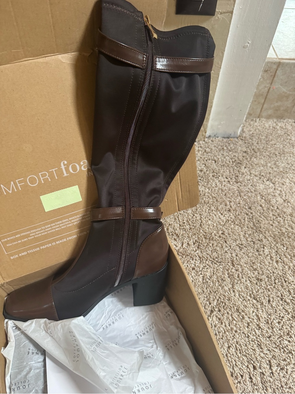 comfortview Brown Mid-Calf Block Heel Zip Riding Boots